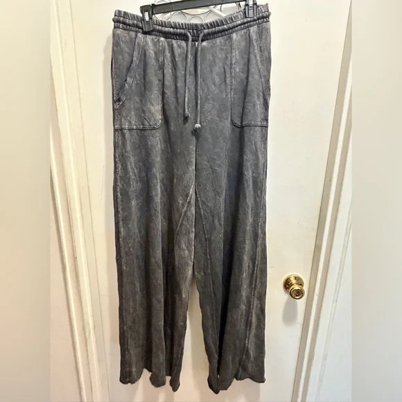 Three Bird Nest Charcoal Acidwash Wide Leg Drawstring Sweatpants - Picture 2 of 9